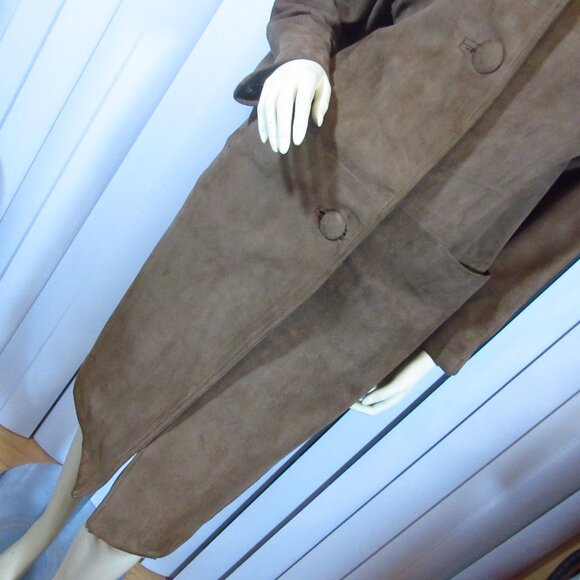 Vintage Shillito's Suede Leather Jacket 8 Long Trench Coat Fur Collar Dark Brown - Picture 8 of 16